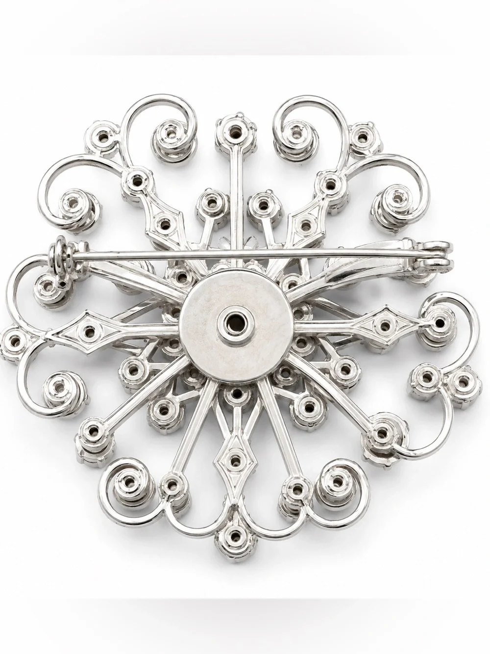 Vintage Clear Rhinestone Snowflake Starburst Brooch Silver Tone Pin